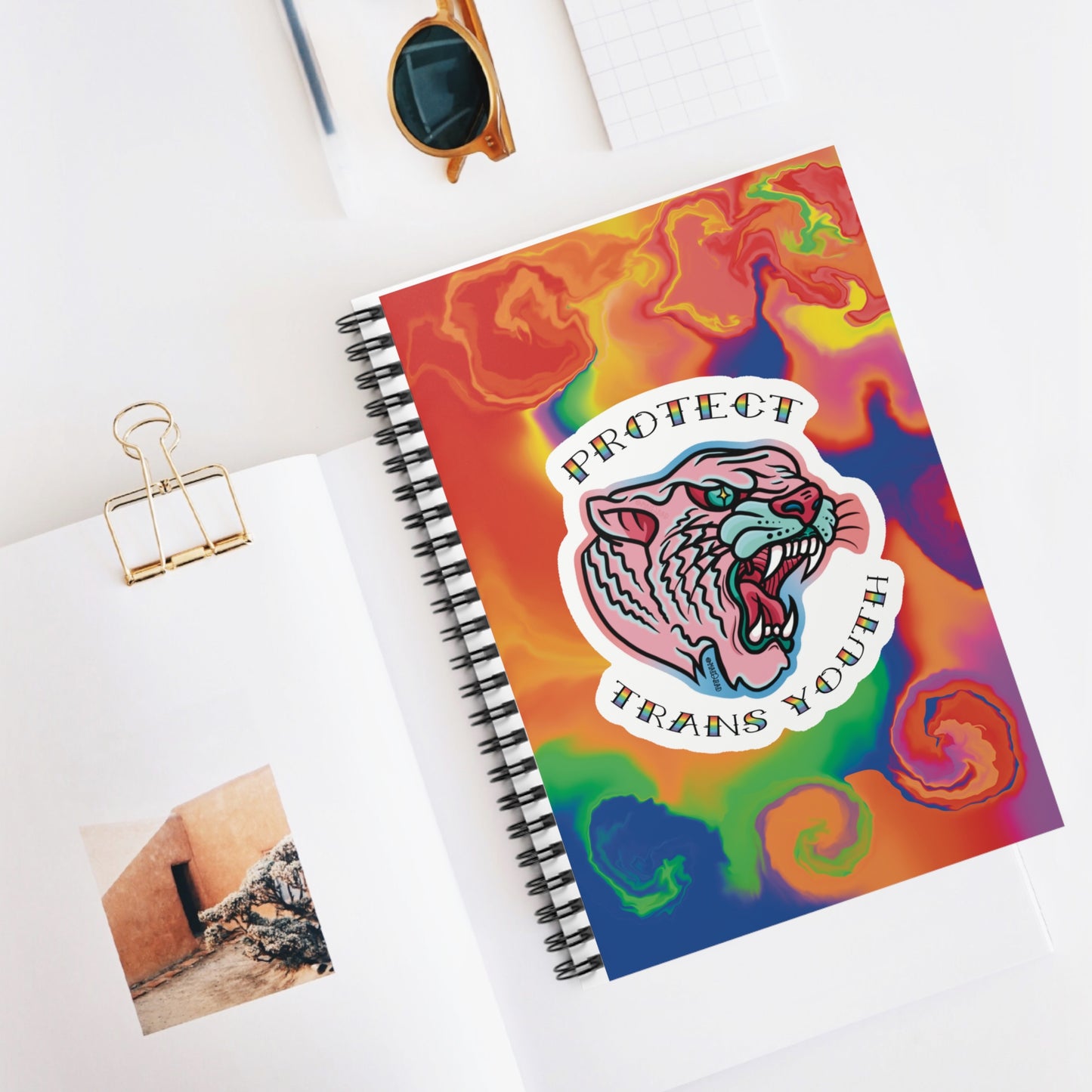 Trad Art Style Transgender Pride Tiger "Protect Trans Youth" Spiral Notebook - Ruled Line