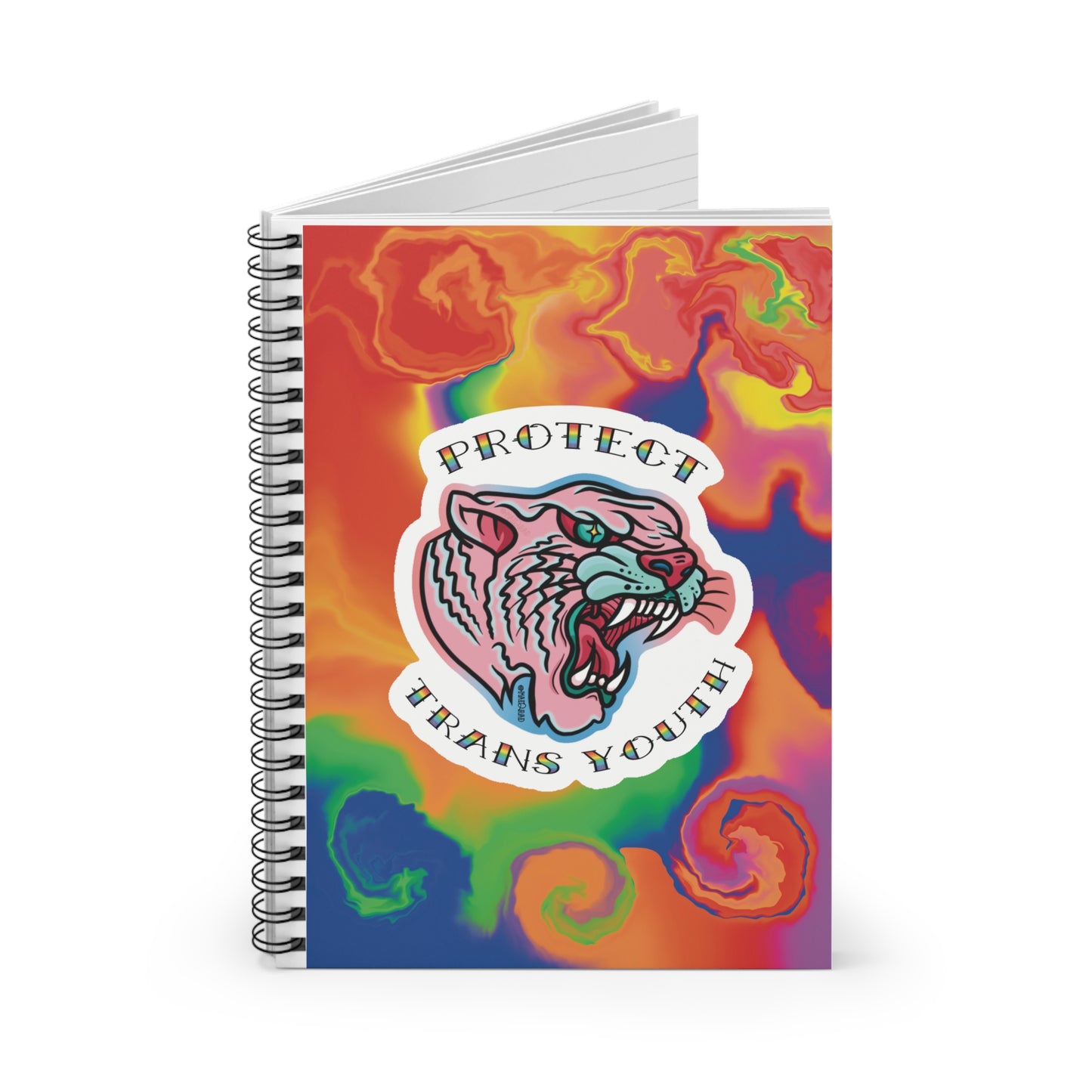 Trad Art Style Transgender Pride Tiger "Protect Trans Youth" Spiral Notebook - Ruled Line