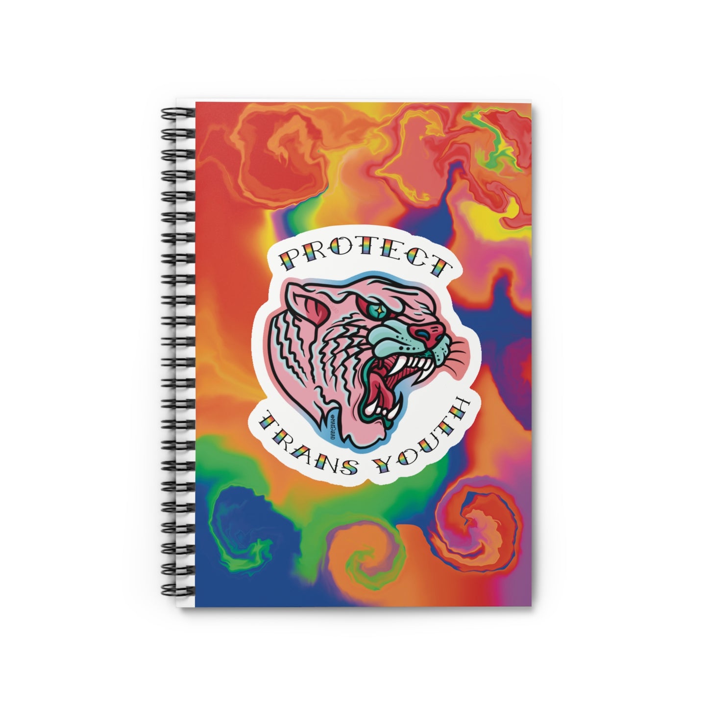 Trad Art Style Transgender Pride Tiger "Protect Trans Youth" Spiral Notebook - Ruled Line